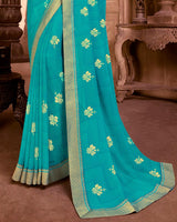 Vishal Prints Turquoise Chiffon Saree With Foil Print And Zari Border