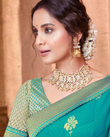 Vishal Prints Turquoise Chiffon Saree With Foil Print And Zari Border