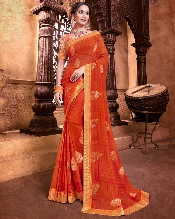 Vishal Prints Dark Orange Chiffon Saree With Foil Print And Zari Border