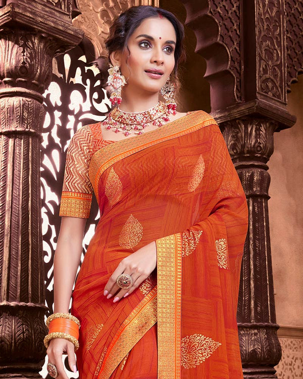 Vishal Prints Dark Orange Chiffon Saree With Foil Print And Zari Border
