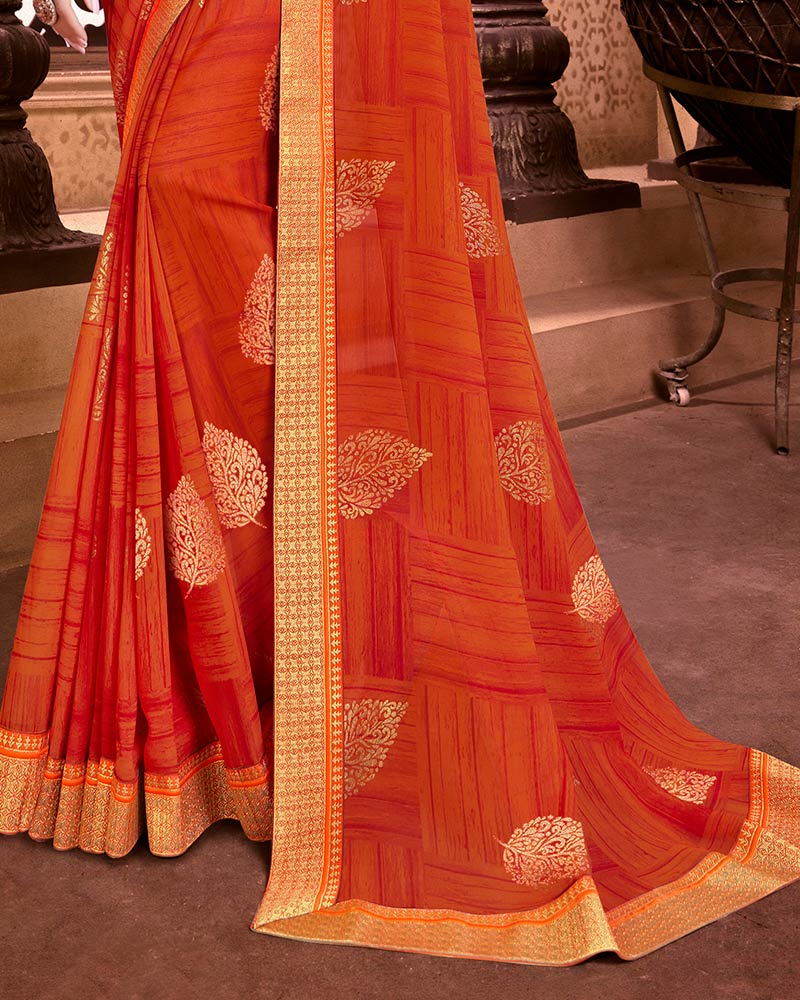 Vishal Prints Dark Orange Chiffon Saree With Foil Print And Zari Border