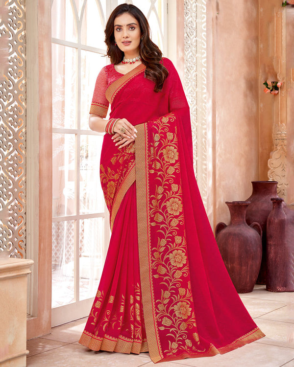 Vishal Prints Cherry Red Chiffon Saree With Foil Print And Zari Border