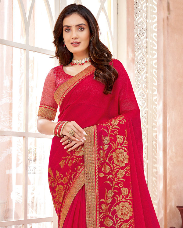 Vishal Prints Cherry Red Chiffon Saree With Foil Print And Zari Border