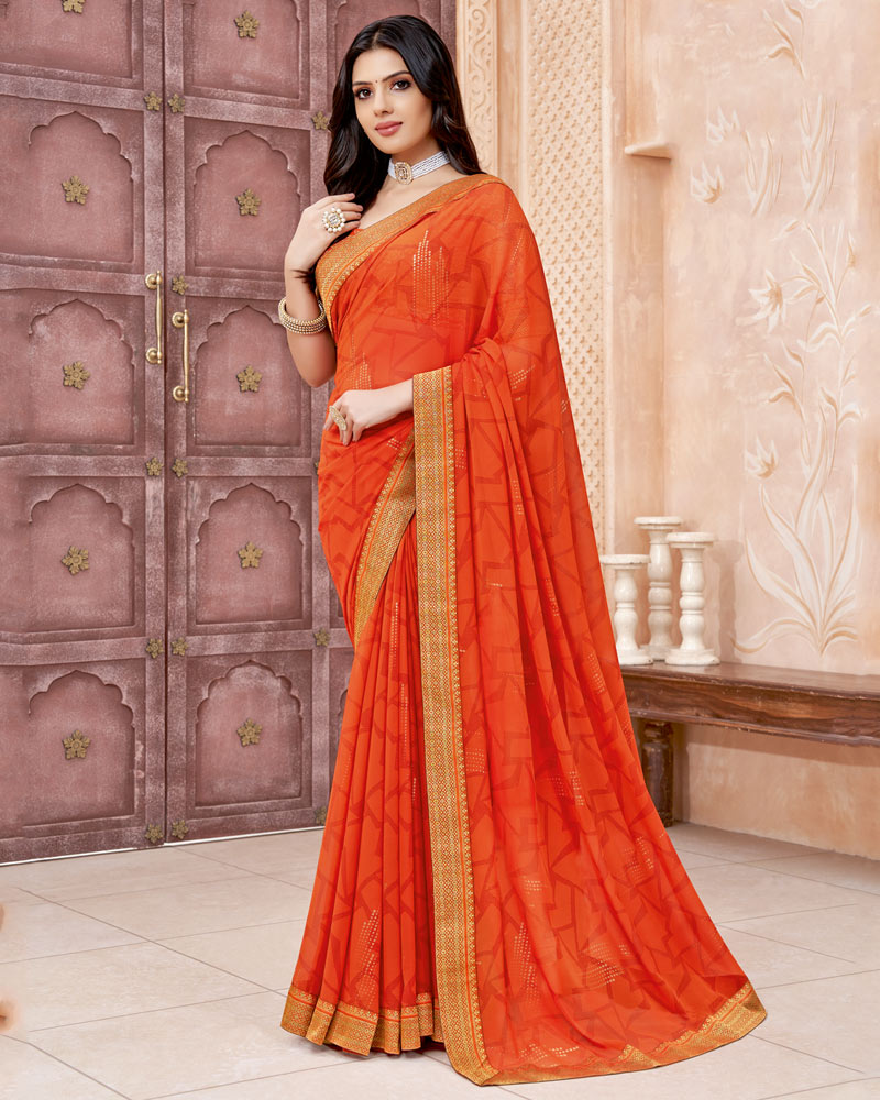 Vishal Prints Dark Orange Chiffon Saree With Foil Print And Zari Border