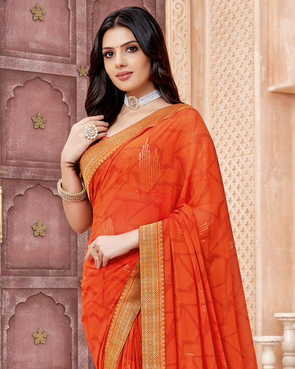 Vishal Prints Dark Orange Chiffon Saree With Foil Print And Zari Border