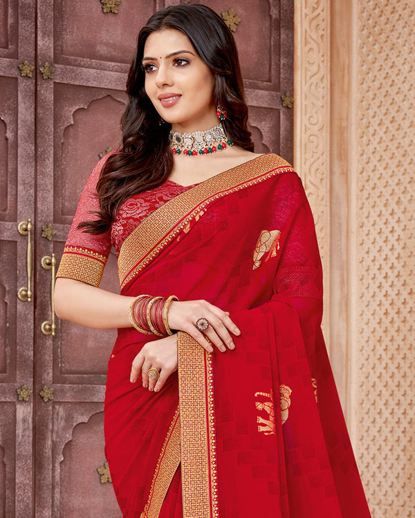 Vishal Prints Dark Red Chiffon Saree With Foil Print And Zari Border