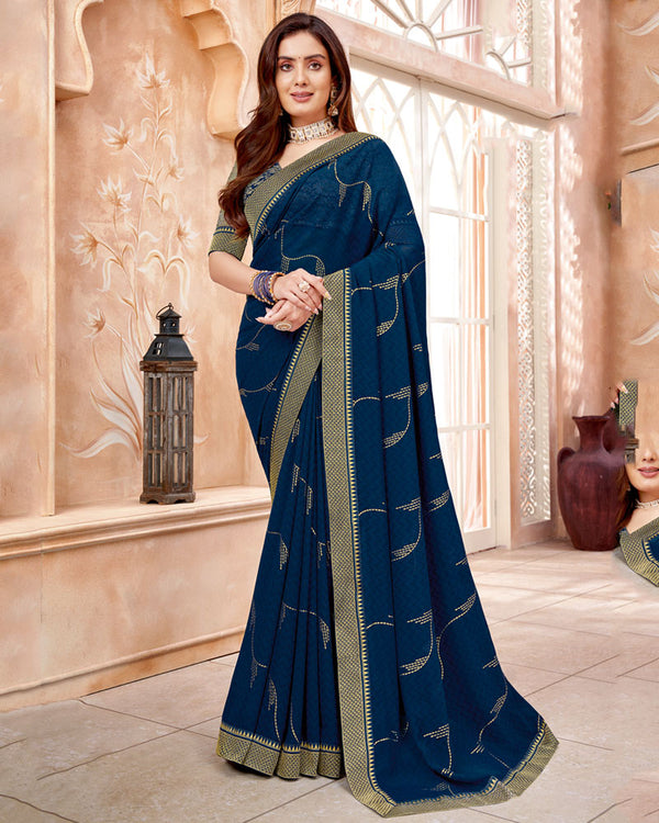 Vishal Prints Navy Blue Chiffon Saree With Foil Print And Zari Border