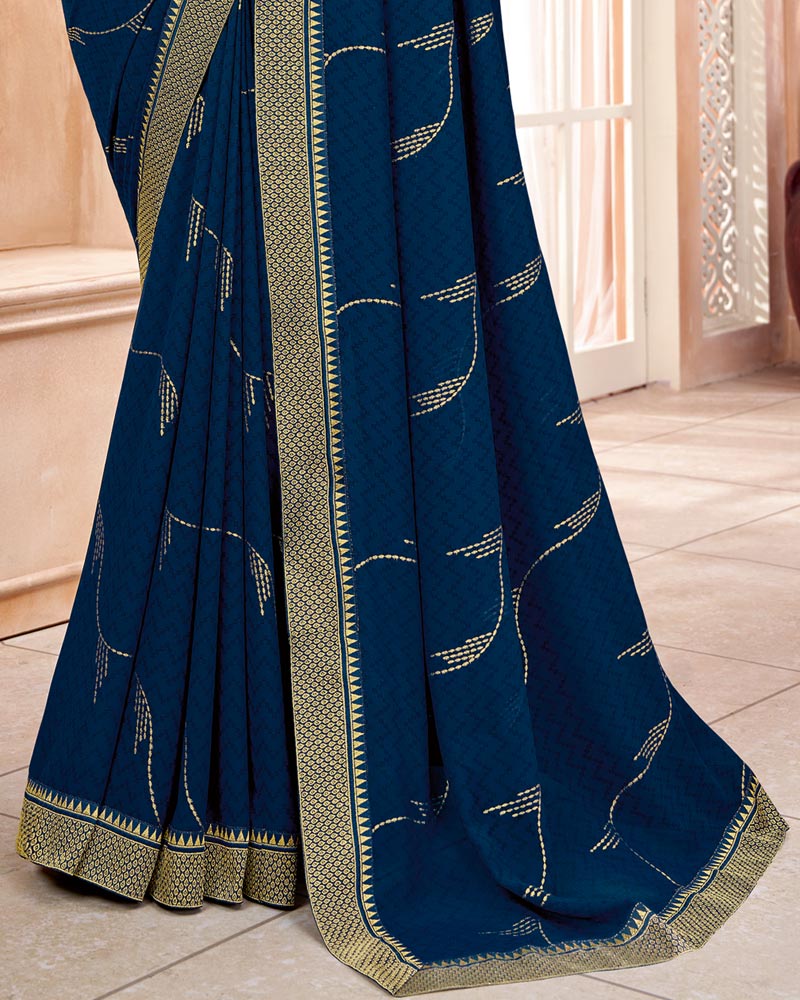 Vishal Prints Navy Blue Chiffon Saree With Foil Print And Zari Border
