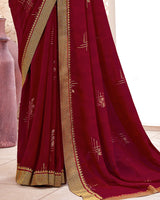 Vishal Prints Burgundy Chiffon Saree With Foil Print And Zari Border
