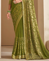 Vishal Prints Mehandi Green Georgette Saree With Foil Print And Jari Border