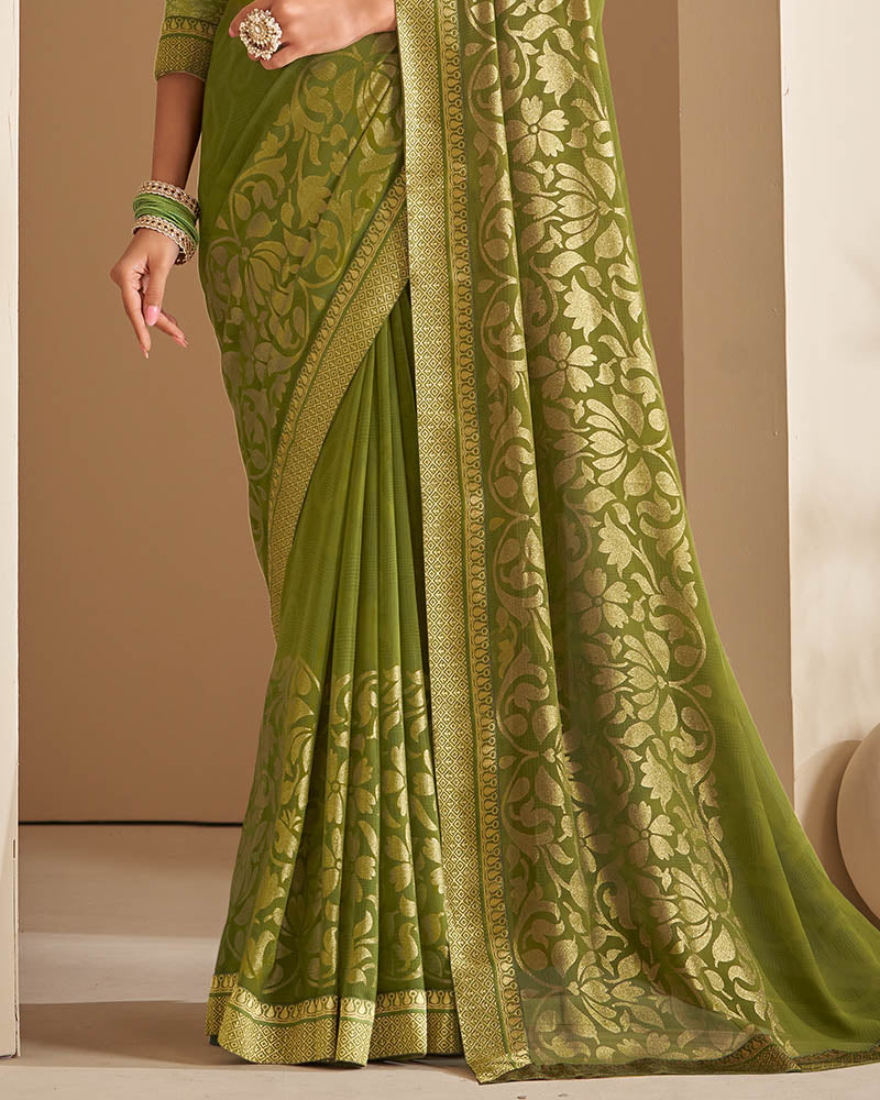 Vishal Prints Mehandi Green Georgette Saree With Foil Print And Jari Border