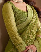 Vishal Prints Mehandi Green Georgette Saree With Foil Print And Jari Border