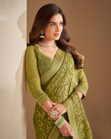 Vishal Prints Mehandi Green Georgette Saree With Foil Print And Jari Border