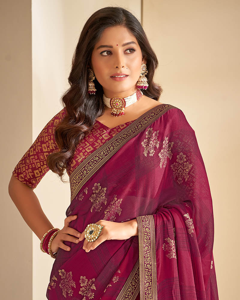 Vishal Prints Wine Chiffon Saree With Foil Print And Jari Border