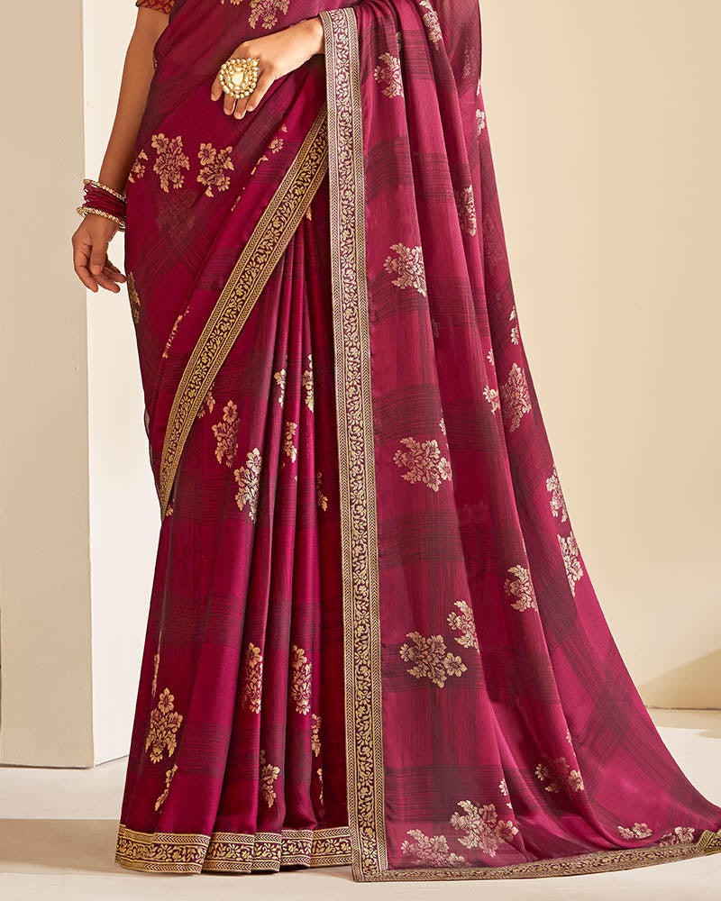 Vishal Prints Wine Chiffon Saree With Foil Print And Jari Border