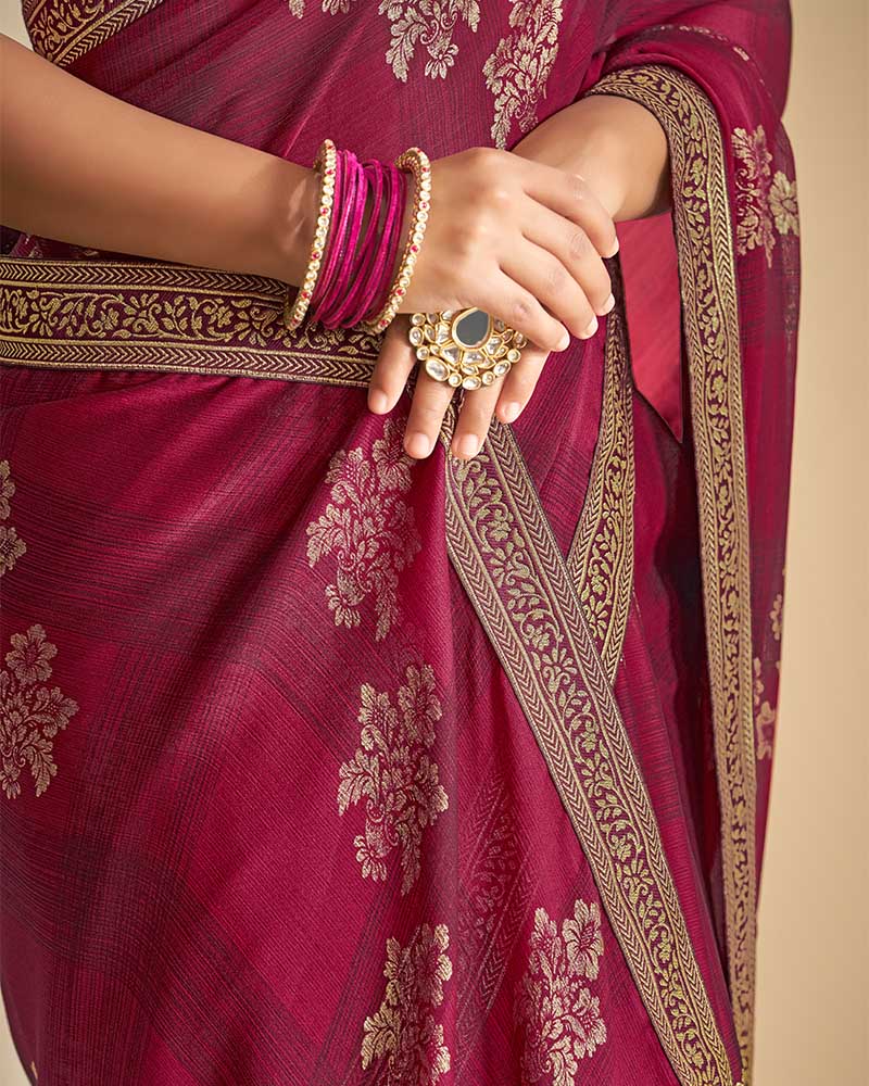 Vishal Prints Wine Chiffon Saree With Foil Print And Jari Border