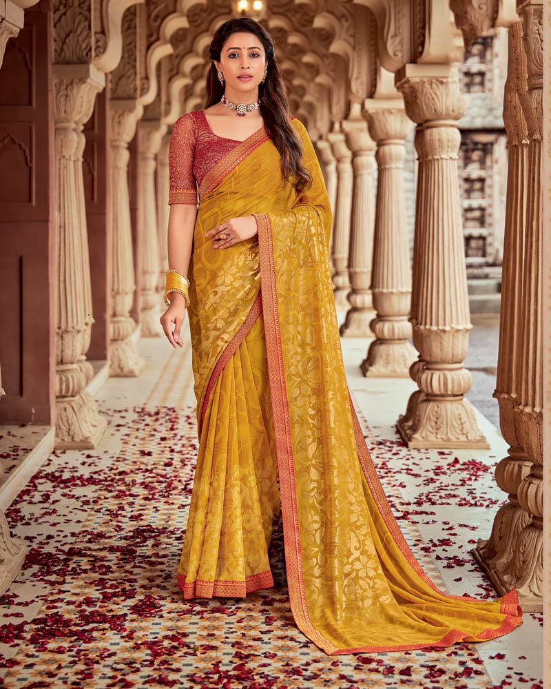 Vishal Prints Yellow Ochre Printed Georgette Saree With Foil Print And Zari Border