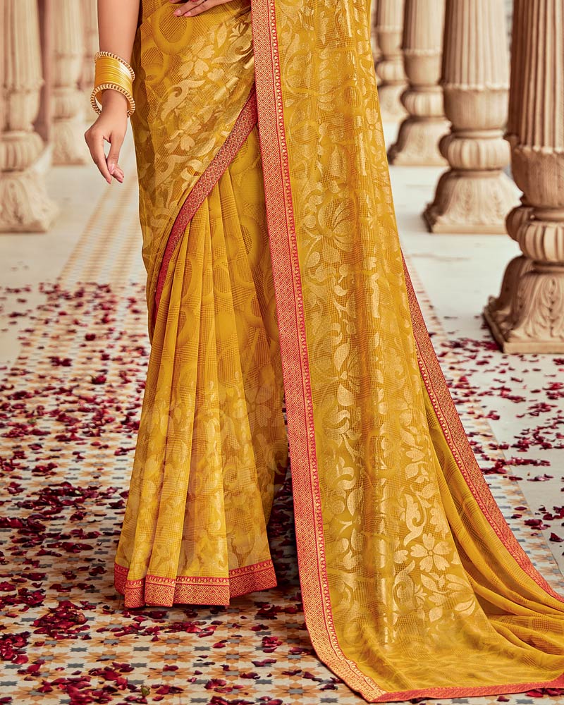 Vishal Prints Yellow Ochre Printed Georgette Saree With Foil Print And Zari Border