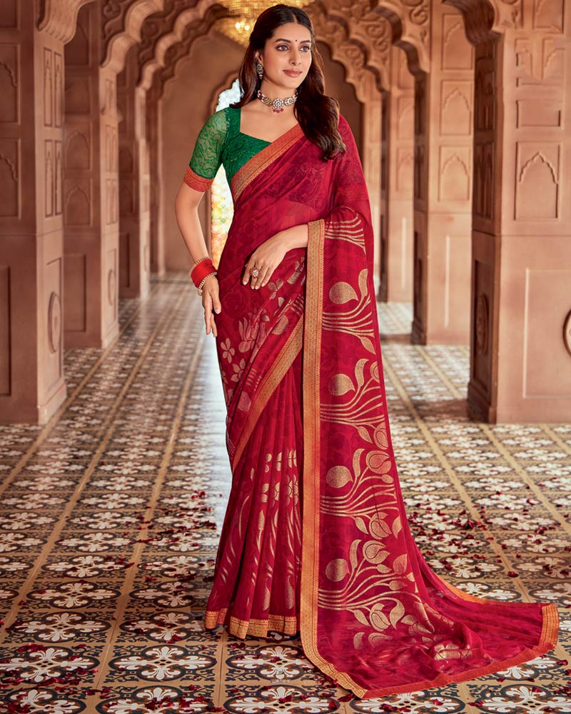 Vishal Prints Chili Red Printed Georgette Saree With Foil Print And Zari Border
