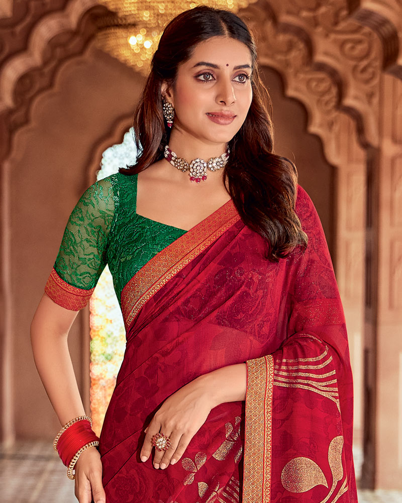 Vishal Prints Chili Red Printed Georgette Saree With Foil Print And Zari Border