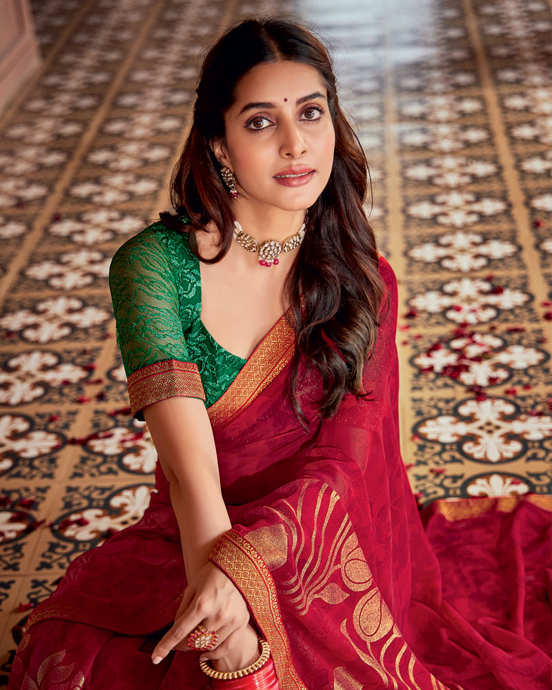 Vishal Prints Chili Red Printed Georgette Saree With Foil Print And Zari Border