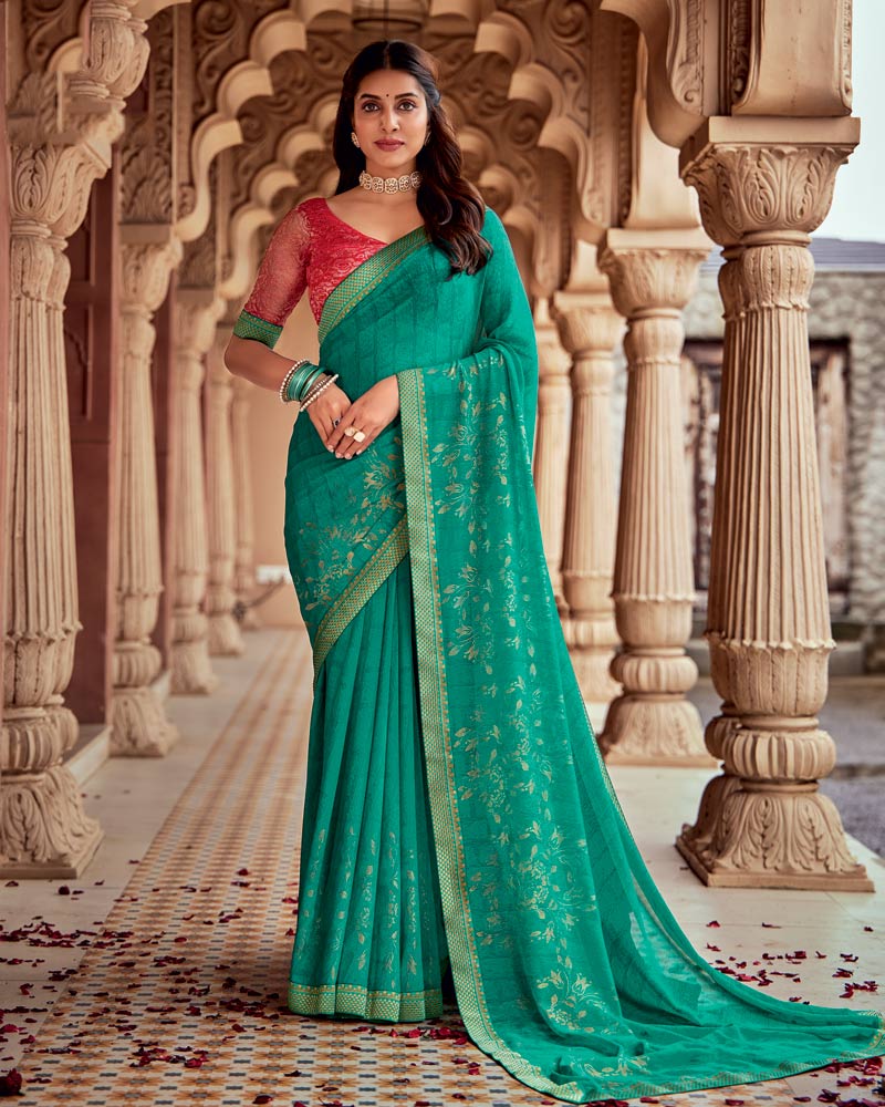 Vishal Prints Teal Green Printed Georgette Saree With Foil Print And Zari Border