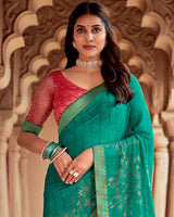 Vishal Prints Teal Green Printed Georgette Saree With Foil Print And Zari Border