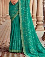 Vishal Prints Teal Green Printed Georgette Saree With Foil Print And Zari Border