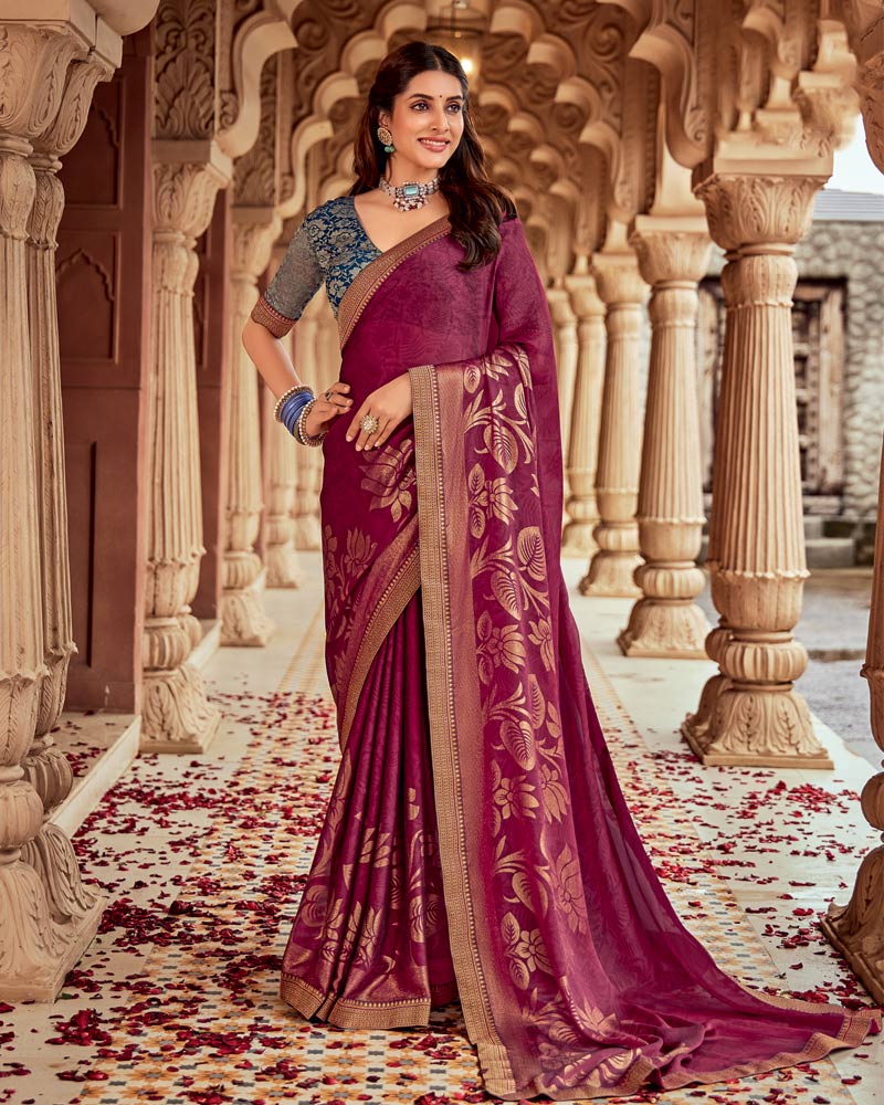 Vishal Prints Light Burgundy Printed Chiffon Saree With Foil Print And Zari Border