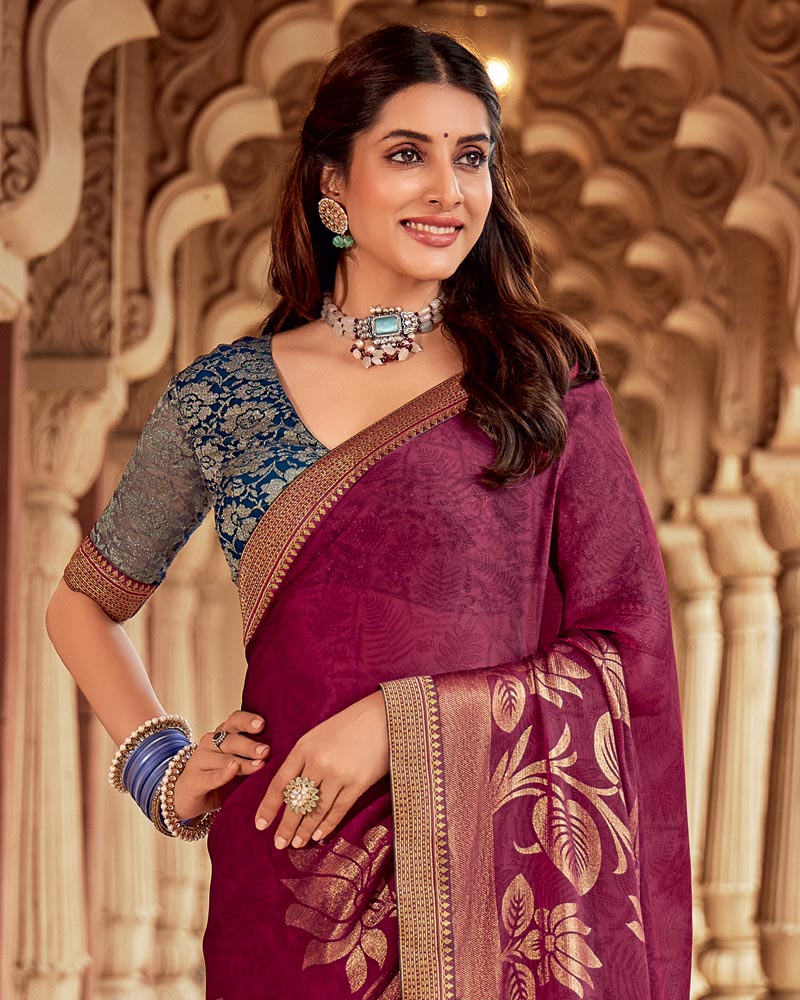Vishal Prints Light Burgundy Printed Chiffon Saree With Foil Print And Zari Border