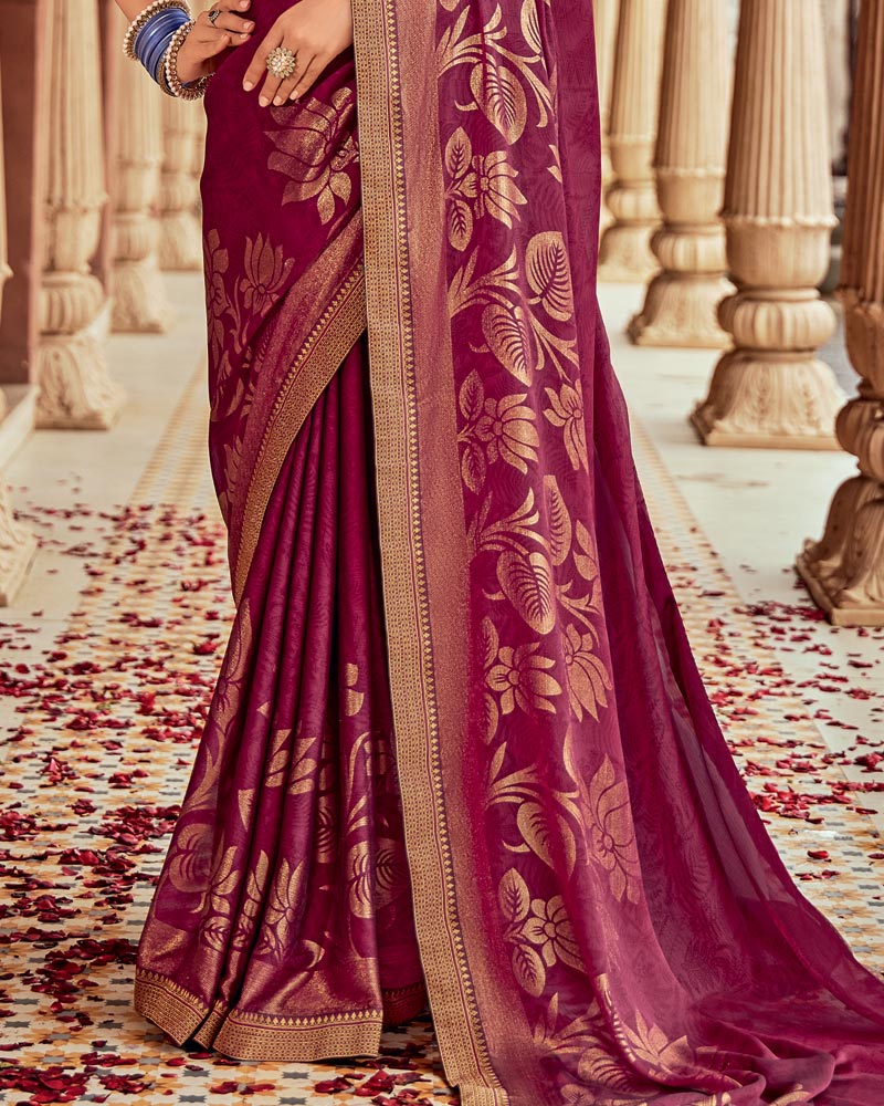 Vishal Prints Light Burgundy Printed Chiffon Saree With Foil Print And Zari Border