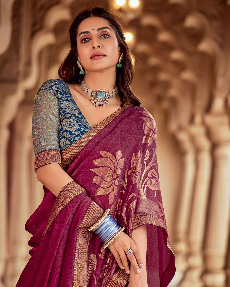 Vishal Prints Light Burgundy Printed Chiffon Saree With Foil Print And Zari Border