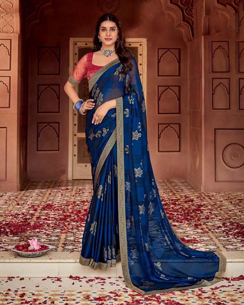 Vishal Prints Regal Blue Printed Chiffon Saree With Foil Print And Zari Border