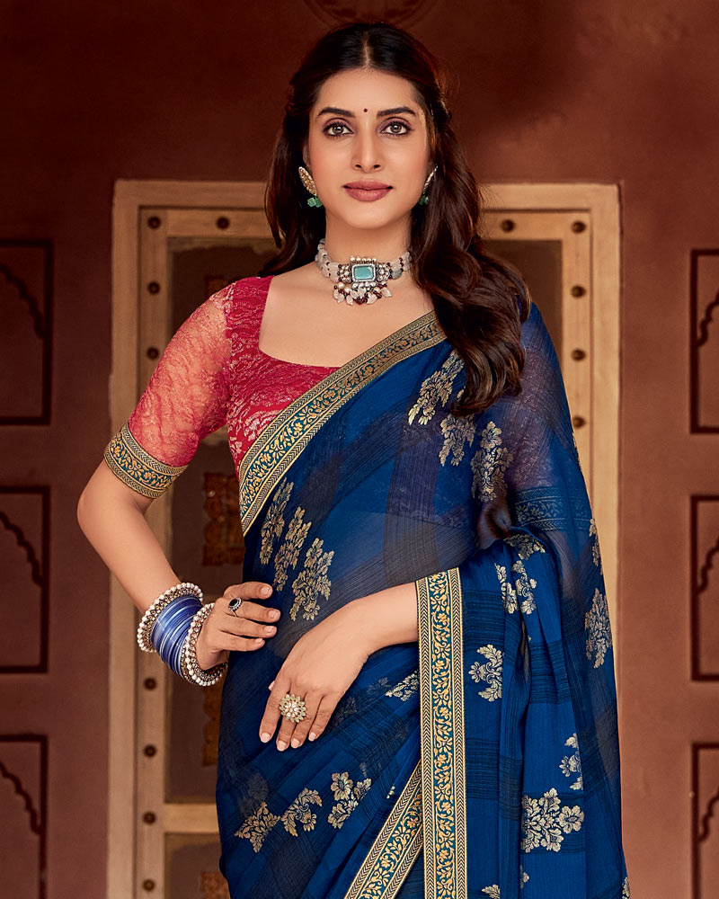 Vishal Prints Regal Blue Printed Chiffon Saree With Foil Print And Zari Border