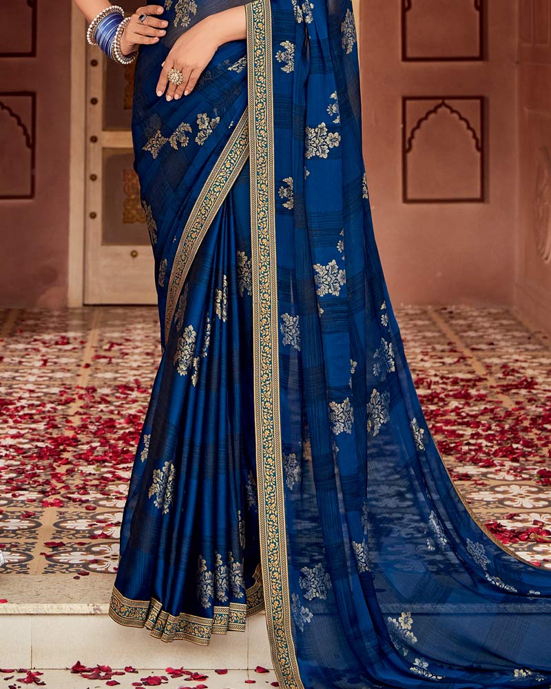 Vishal Prints Regal Blue Printed Chiffon Saree With Foil Print And Zari Border