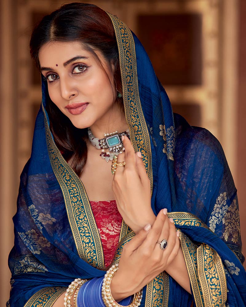Vishal Prints Regal Blue Printed Chiffon Saree With Foil Print And Zari Border