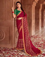 Vishal Prints Wine Red Printed Georgette Saree With Foil Print And Zari Border