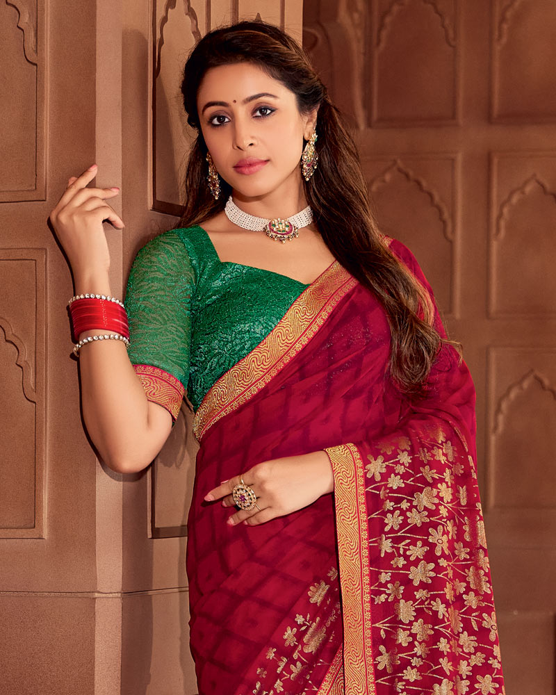 Vishal Prints Wine Red Printed Georgette Saree With Foil Print And Zari Border