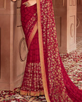 Vishal Prints Wine Red Printed Georgette Saree With Foil Print And Zari Border