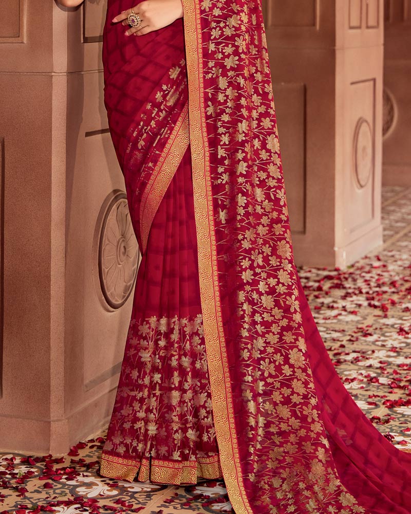 Vishal Prints Wine Red Printed Georgette Saree With Foil Print And Zari Border