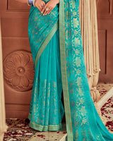 Vishal Prints Persian Green Printed Georgette Saree With Foil Print And Zari Border