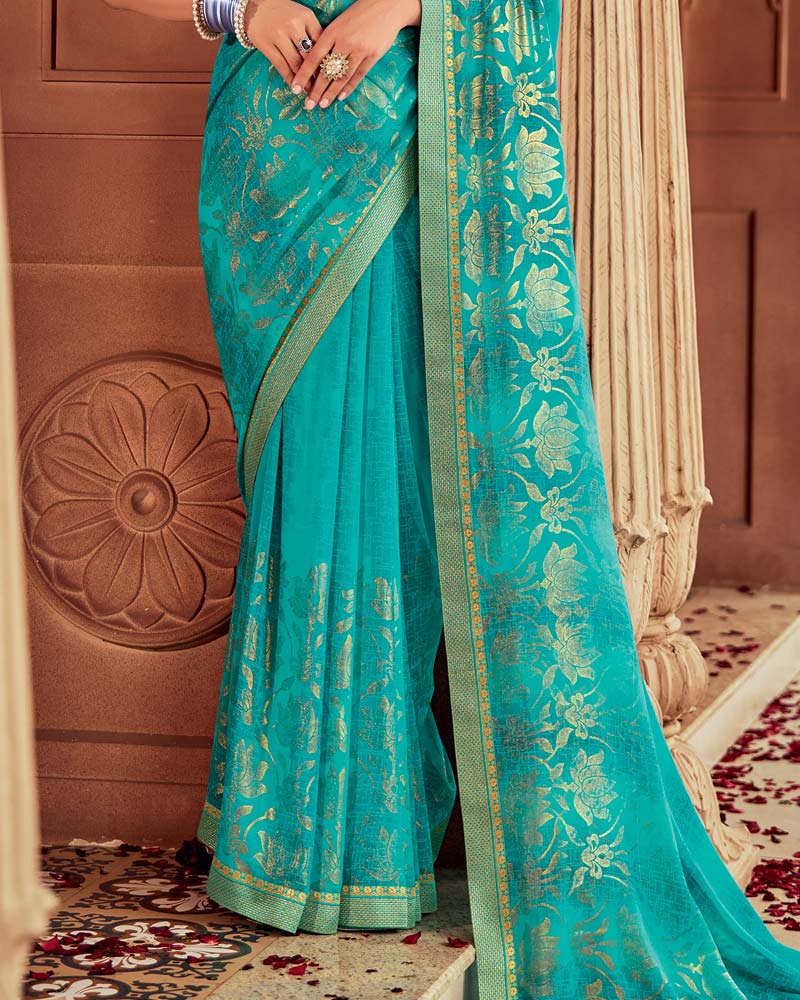 Vishal Prints Persian Green Printed Georgette Saree With Foil Print And Zari Border
