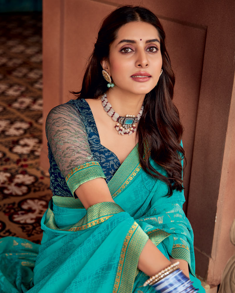 Vishal Prints Persian Green Printed Georgette Saree With Foil Print And Zari Border