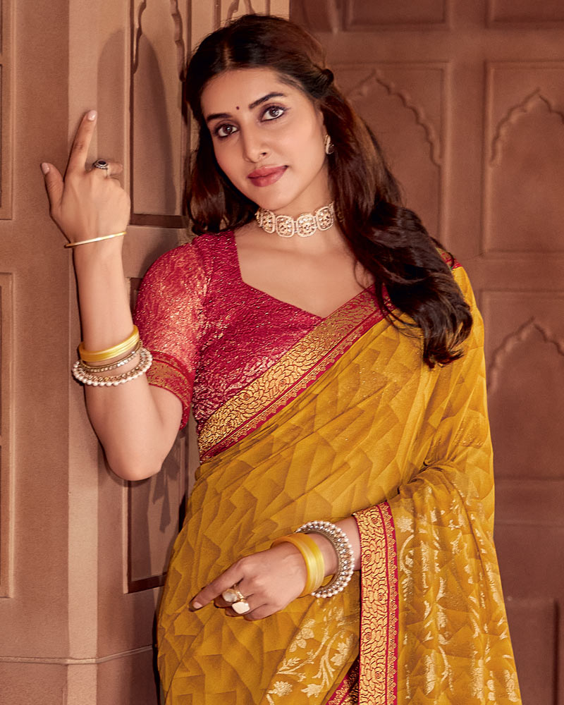 Vishal Prints Yellow Ochre Printed Georgette Saree With Foil Print And Zari Border