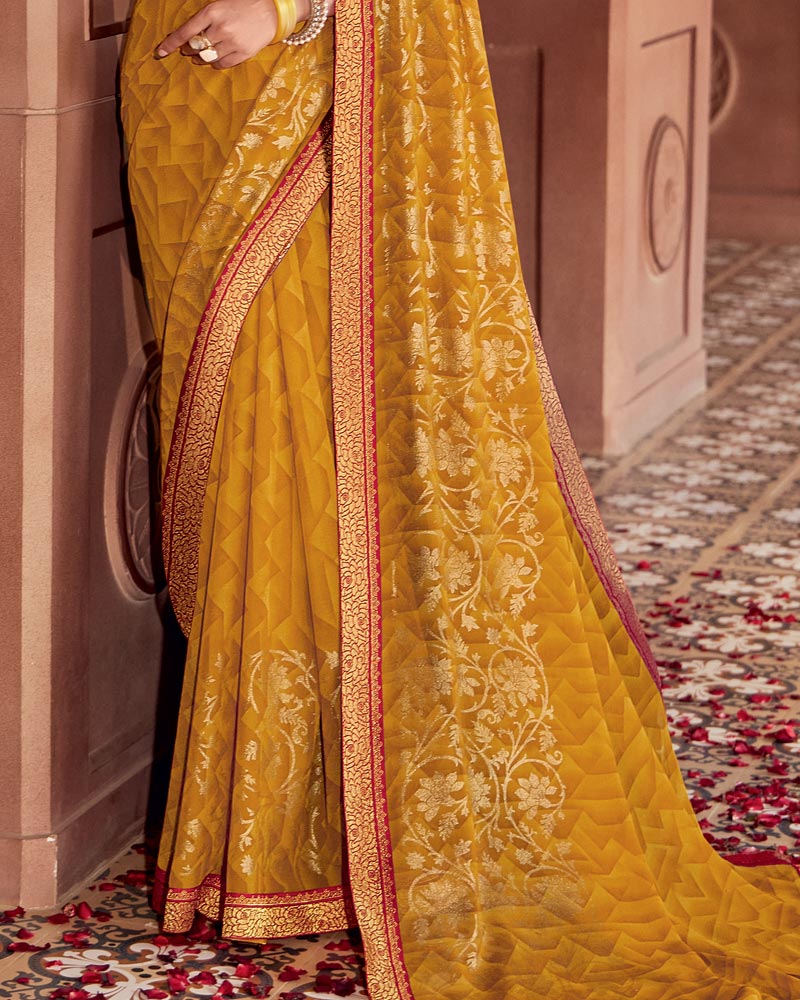 Vishal Prints Yellow Ochre Printed Georgette Saree With Foil Print And Zari Border