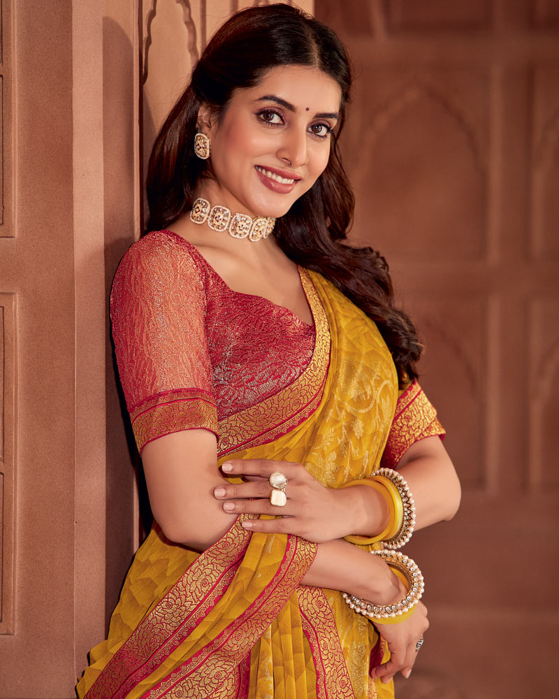 Vishal Prints Yellow Ochre Printed Georgette Saree With Foil Print And Zari Border