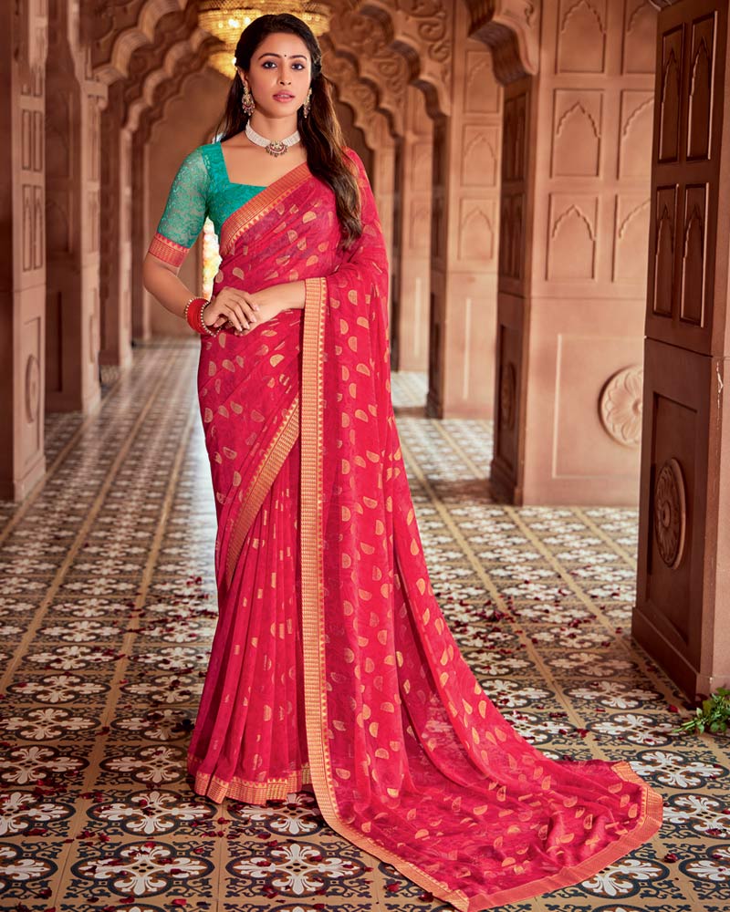 Vishal Prints Cherry Red Printed Georgette Saree With Foil Print And Zari Border