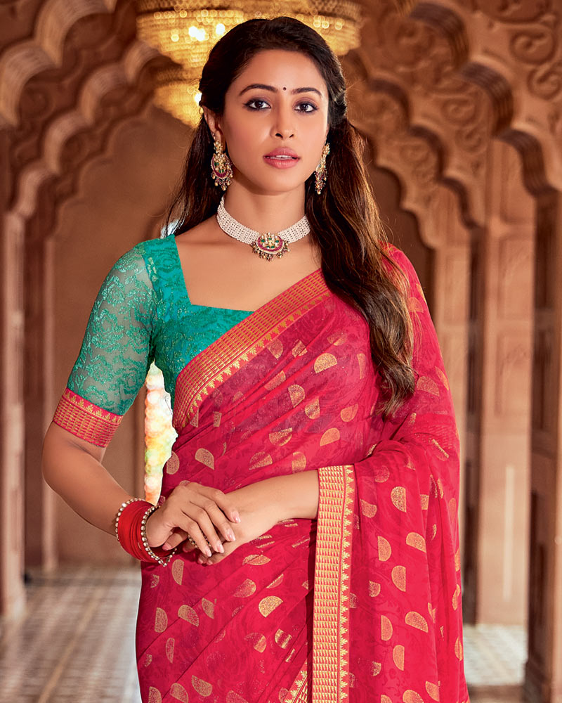 Vishal Prints Cherry Red Printed Georgette Saree With Foil Print And Zari Border