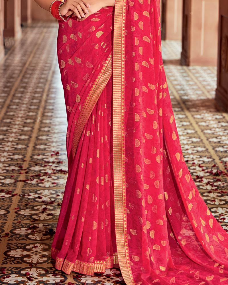 Vishal Prints Cherry Red Printed Georgette Saree With Foil Print And Zari Border