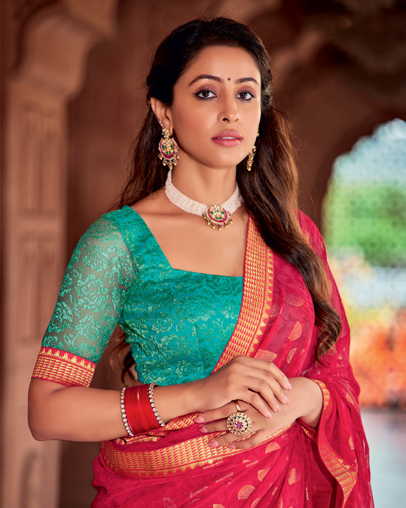 Vishal Prints Cherry Red Printed Georgette Saree With Foil Print And Zari Border